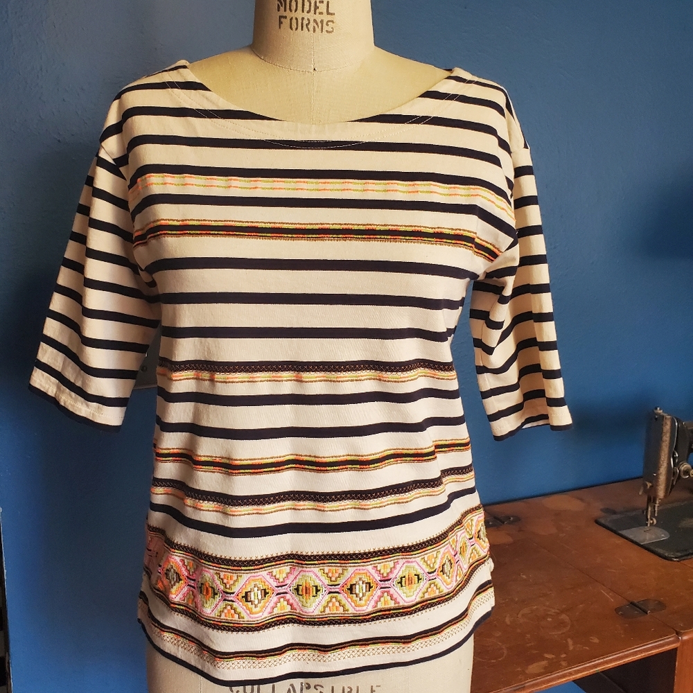 J Crew Neon Aztec Embroidered Striped Shirt